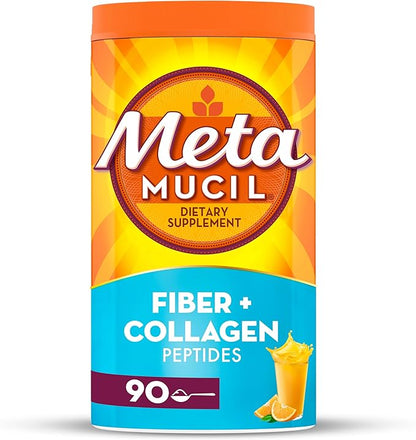 Metamucil Daily Fiber + Collagen, Psyllium Husk Powder, Plant Based, Sugar-Free with Stevia, 3-in-1 Fiber for Digestive Health, Orange Flavored, 90 Doses (29.8 OZ Fiber Powder)