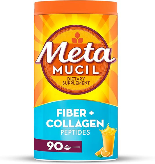 Metamucil Daily Fiber + Collagen, Psyllium Husk Powder, Plant Based, Sugar-Free with Stevia, 3-in-1 Fiber for Digestive Health, Orange Flavored, 90 Doses (29.8 OZ Fiber Powder)