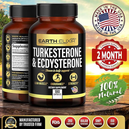 Turkesterone 1000mg and Ecdysterone 1000mg Supplements (180 Capsules) 2 Month Supply - 3rd Party Tested- Turkesterone Supplement for Men (Ajuga Turkestanica) with 95% Beta Ecdysterone