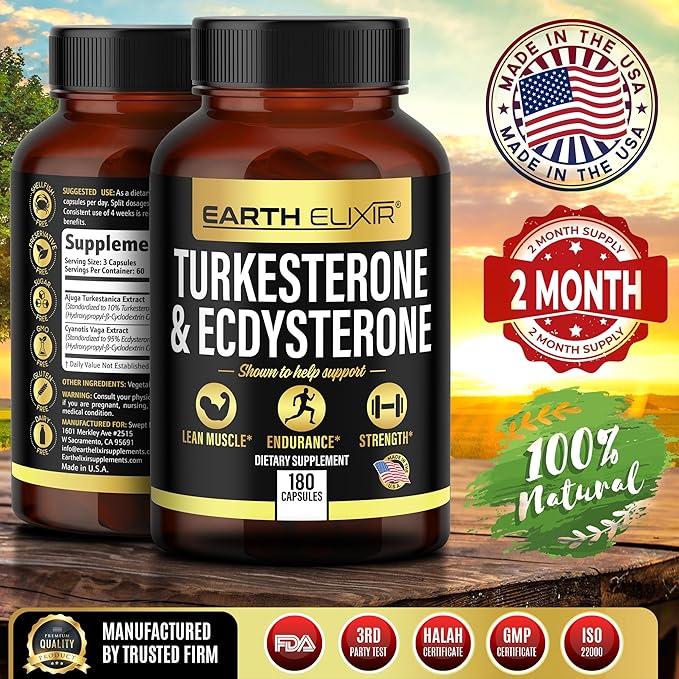 Turkesterone 1000mg and Ecdysterone 1000mg Supplements (180 Capsules) 2 Month Supply - 3rd Party Tested- Turkesterone Supplement for Men (Ajuga Turkestanica) with 95% Beta Ecdysterone
