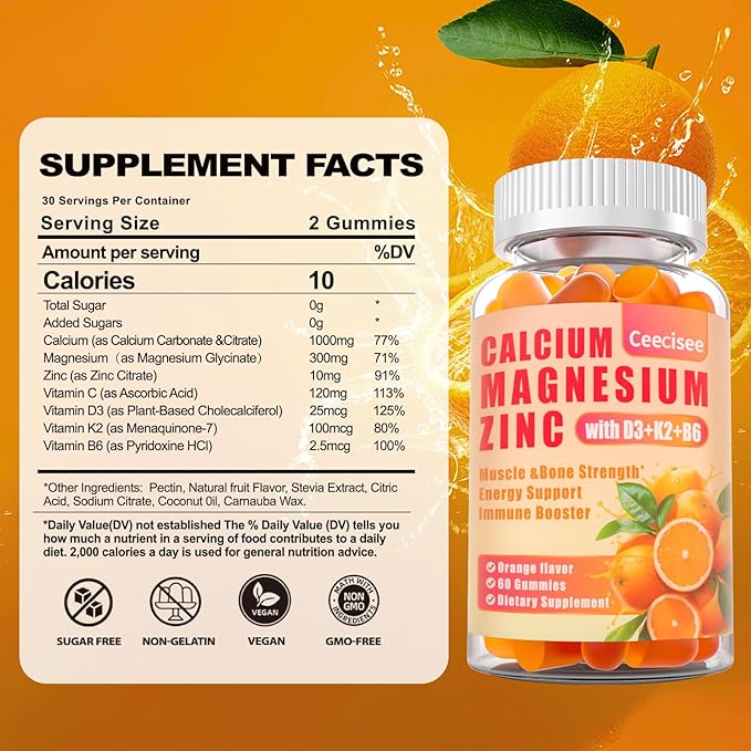 Calcium Magnesium Zinc Gummies with D3 &B6 &K2,1000mg Calcium Gummies with 300mg Magnesium Support Bone & Muscle for Adults and Teens,Sugar Free (60 Count (Pack of 2))