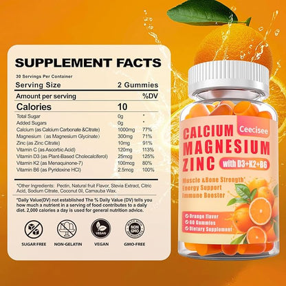 Calcium Magnesium Zinc Gummies with D3 &B6 &K2,1000mg Calcium Gummies with 300mg Magnesium Support Bone & Muscle for Adults and Teens,Sugar Free (60 Count)