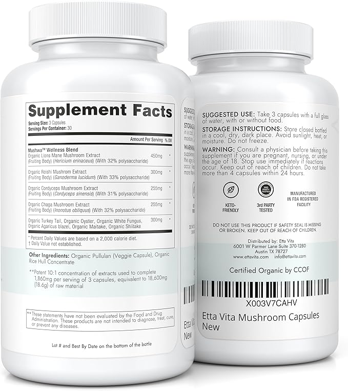 USDA Organic Lions Mane Supplement Capsules with Ashwagandha, Chaga, Reishi, Cordyceps, Turkey Tail (18,600mg/serv) 10x Adaptogenic Mushroom Complex as Focus Supplement - Energy, Immunity & Nootropic