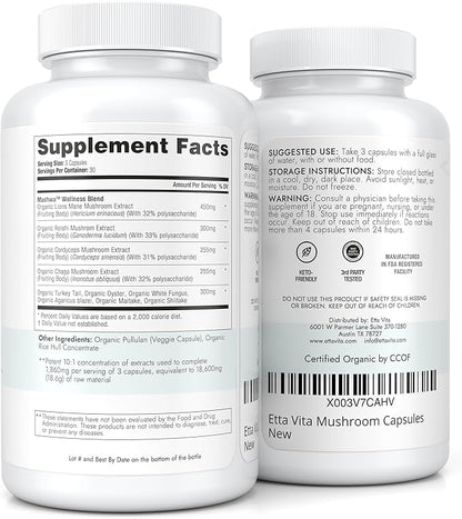 USDA Organic Lions Mane Supplement Capsules with Ashwagandha, Chaga, Reishi, Cordyceps, Turkey Tail (18,600mg/serv) 10x Adaptogenic Mushroom Complex as Focus Supplement - Energy, Immunity & Nootropic