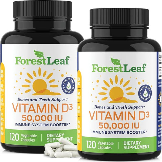 ForestLeaf - Vitamin D3 IU Weekly Supplement - Vitamin D Capsules for Bones, Teeth, and Immune Support - Easy Swallow Pure Vitamin D3 Caps (50,000 IU - 120 Count - 2 Pack)