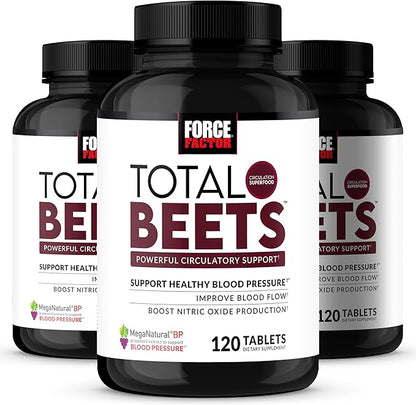 Force Factor Total Beets Blood Pressure Supplements, Nitric Oxide Supplement with Beet Root Powder, Nitrates, Grapeseed Extract for Circulation, Cardiovascular, Heart Health, 360 Tablets, 3 Pack