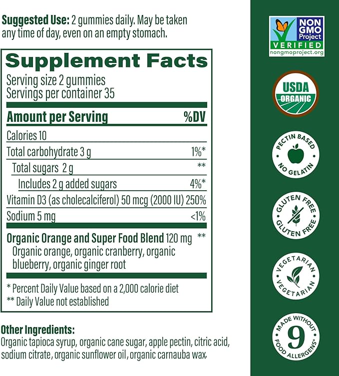 MegaFood Vitamin D3 Gummies 2000 IU (50 mcg) - Vitamin D Gummies Mixed Fruit Flavor, Bone, Muscle & Immune Support Supplement, Vegetarian, Gluten-Free, USDA Organic – 70 Gummies, 35 Servings
