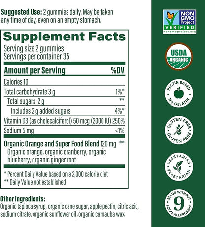 MegaFood Vitamin D3 Gummies 2000 IU (50 mcg) - Vitamin D Gummies Mixed Fruit Flavor, Bone, Muscle & Immune Support Supplement, Vegetarian, Gluten-Free, USDA Organic – 70 Gummies, 35 Servings