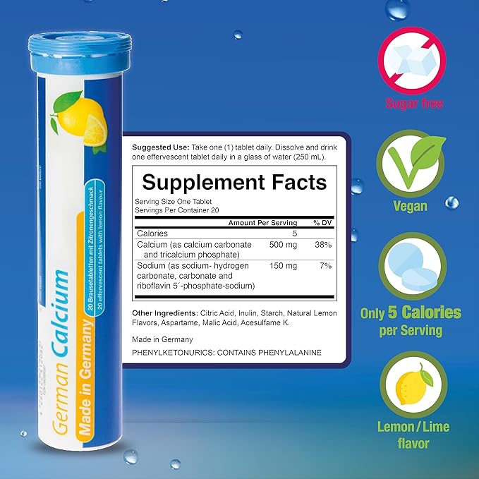 German Calcium 60 Drink Effervescent Tablets - Lemon Lime Flavour - 500 mg Calcium, Sugarfree, Vegan- T&D Pharma – Made in Germany