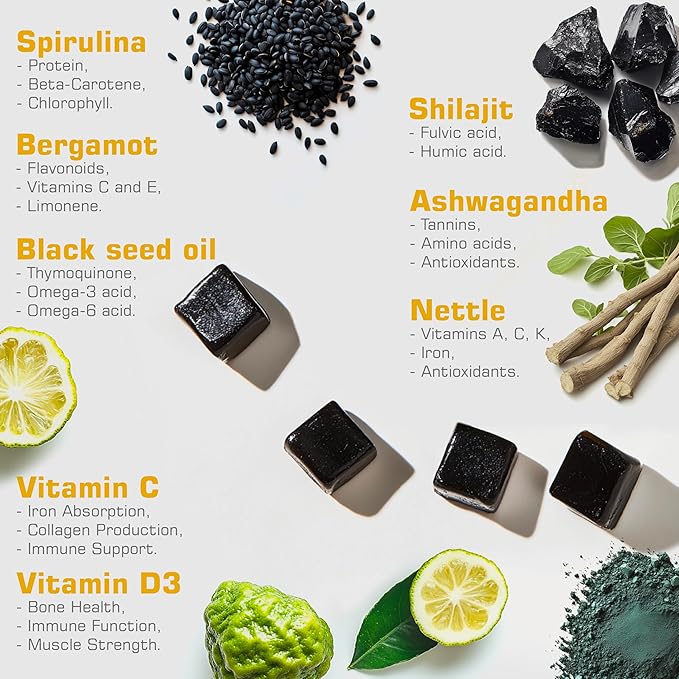 1280mg Gold Shilajit Gummies with Black Seed Oil, Ashwagandha, Spirulina, Vitamins C & D3 - Himalayan Shilajit for Men Women, Immune & Energy Support, Vegan Supplement, 120 Ct