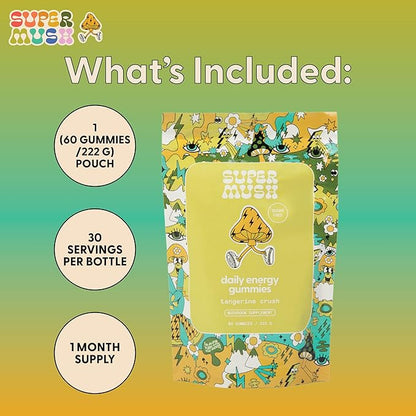 SuperMush Energy Mushroom Gummies - Organic Lions Mane Supplement with Cordyceps, Rhodiola, L-Theanine, Maca - Vegan & Sugar-Free - Energy, Focus, Stamina, Stress Reduction - 60 Gummies (30 Servings)