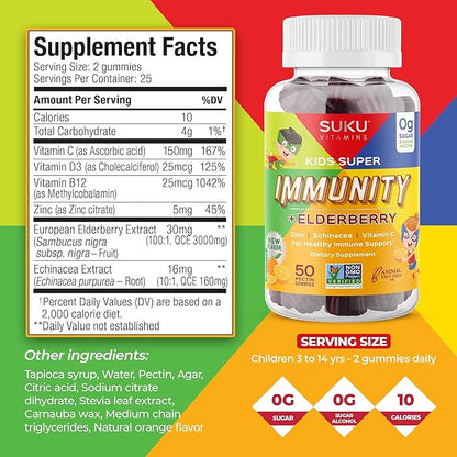 Kids Super Immunity - Elderberry, Echinacea, Vitamin A and Zinc Gummies for Immune Support - Easy to Chew - Non GMO, Gluten Sugar Free - Pomegranate Lime Gummy Vitamins, 50 Count