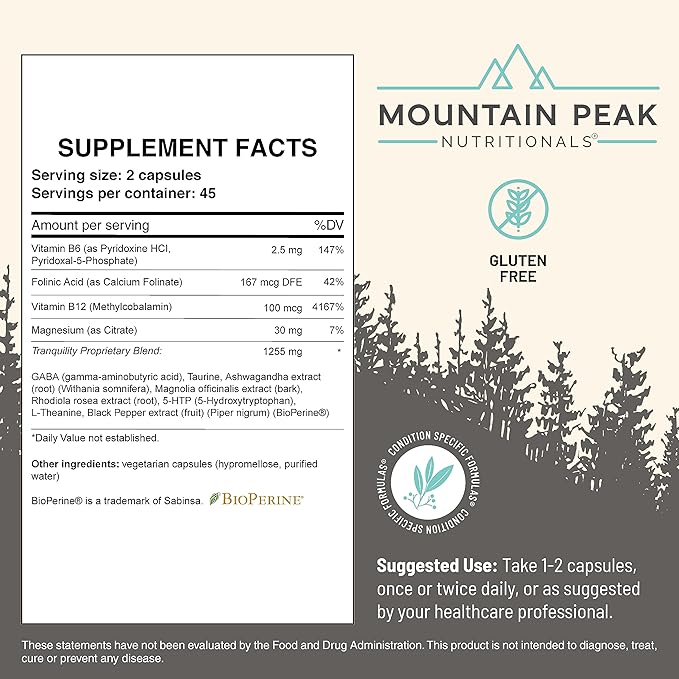 Mountain Peak Nutritionals Tranquility Formula - Supports Brain Health, Sleep & Stress Management - Vitamin B6, Vitamin B12 and Adaptogens - Hypoallergenic Dietary Supplement (90 Vegetarian Capsules)