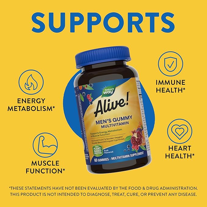 Nature's Way Alive! Men's Daily Gummy Multivitamin, Supports Energy Metabolism*, Muscle Function*, B-Vitamins, B-Vitamins, Gluten-Free, Vegetarian, Fruit Flavored, 60 Gummies (Packaging May Vary)