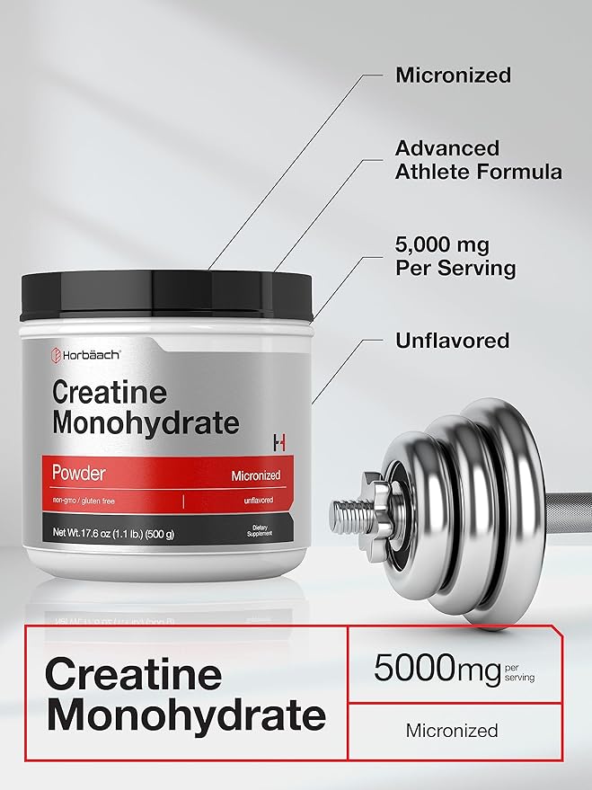 Horbäach Creatine Monohydrate Powder | 1.1lb (17.6 oz) | Micronized and Unflavored | Vegetarian, Non-GMO, and Gluten Free Supplement