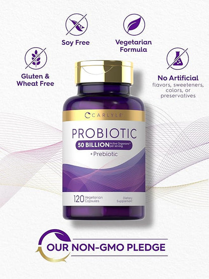 Carlyle Probiotics with Prebiotics | 120 Capsules | 50 Billion Active Organisms | Non-GMO & Gluten Free Supplement