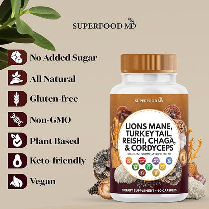 Lions Mane 3000mg 20in1 Mushroom Supplement with Turkey Tail 2000mg Reishi 1000mg Cordyceps Chaga 1000mg with Marshmallow Root - 60 Count