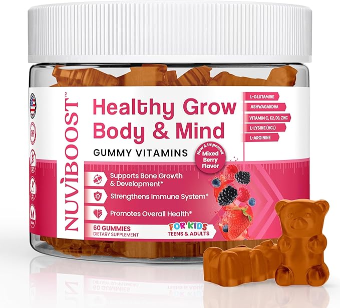 Healthy Grow Height Growth Gummies Rich in Calcium, Vitamins C, D3, K2, L-Arginine, Ashwagandha, and Others, Boost Bone Health & Immunity, Multivitamin, for Kids 5+, Teens and Adults.