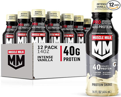 Muscle Milk Pro Advanced Nutrition Protein Shake, Intense Vanilla, 14 Fl Oz Bottle, 12 Pack, 40g Protein, 1g Sugar, 16 Vitamins & Minerals, 6g Fiber, Workout Recovery, Packaging May Vary