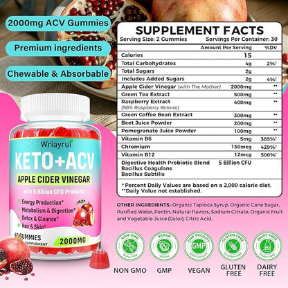 Apple Cider Vinegar Gummies, Fast Ripped Keto ACV Gummies, Max Strength 2000mg, Formulated with Green Tea, Probiotics, B6 & B12, ACV Gummies for Metabolism, Digestion, Detox & Cleanse, 60 Gummies