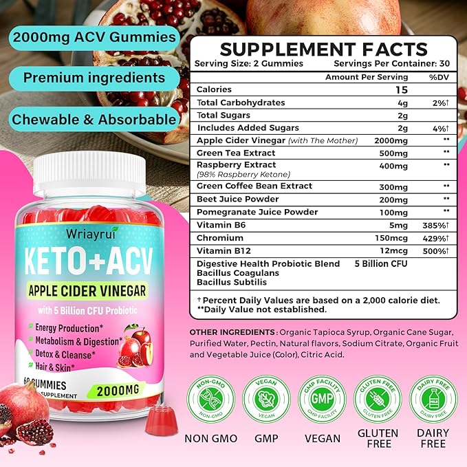 Apple Cider Vinegar Gummies, Fast Ripped Keto ACV Gummies, Max Strength 2000mg, Formulated with Green Tea, Probiotics, B6 & B12, ACV Gummies for Metabolism, Digestion, Detox & Cleanse, 240 Gummies