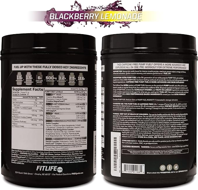 PMD Sports Ultra Pump Fuel Caffeine Free - Pre Workout Drink Mix - Energy, Strength, Endurance, Recovery Complex Carbohydrates and Amino Energy - BlackBerry Lemonade (30 Servings)