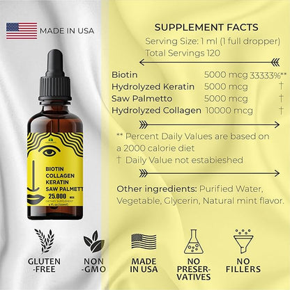 Liquid Biotin Collagen Keratin 4fl oz Liquid Supplements for Women - Comprehensive Formula Hair Skin Nails Supplement with 10000mcg Collagen 5000 mcg Biotin 5000 mcg Keratin 5000 mcg Saw Palmetto