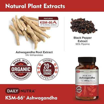 KSM-66 Ashwagandha 600mg Organic Root Extract - High Potency Supplement with 5% Withanolides | Supports Relaxation, Focus, & Energy (270 Capsules)