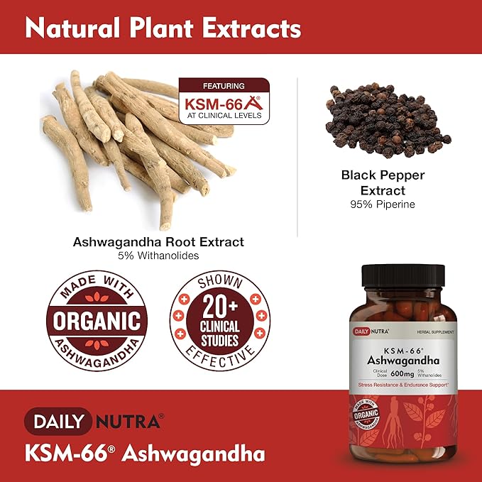 KSM-66 Ashwagandha 600mg Organic Root Extract - High Potency Supplement with 5% Withanolides | Relieves Tiredness, Supports Relaxation, Focus, Energy, & Muscle Growth (60 Capsules)