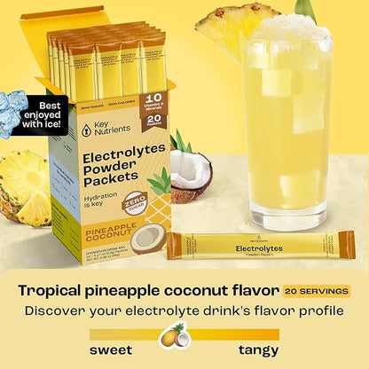 KEY NUTRIENTS Electrolytes Powder Packets - Tropical Pineapple Coconut 20 Pack Hydration Packets - Travel Hydration Powder - No Sugar, No Calories, Gluten Free Keto Electrolytes Powder - Made in USA