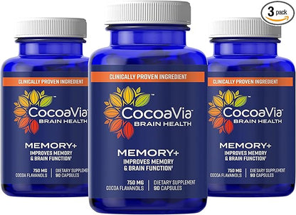 CocoaVia Memory+ Brain Supplement, 90 Day, 750 mg Cocoa Flavanols, Memory & Brain Booster, Vegan, Plant Based, Gluten Free, 270 Capsules