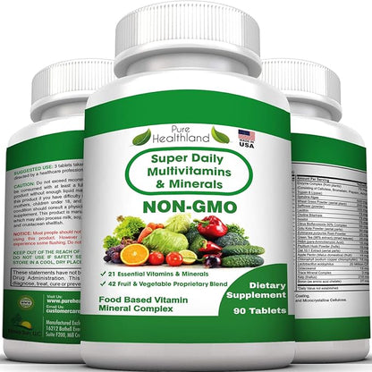 NON GMO Super Daily Multivitamin Supplement Tablets Best For Adult Men Women Seniors With 42 Natural Fruits Vegetables Blend, 21 Essential Vitamins Minerals. 90 Tablets. Vegan Coating Made in USA