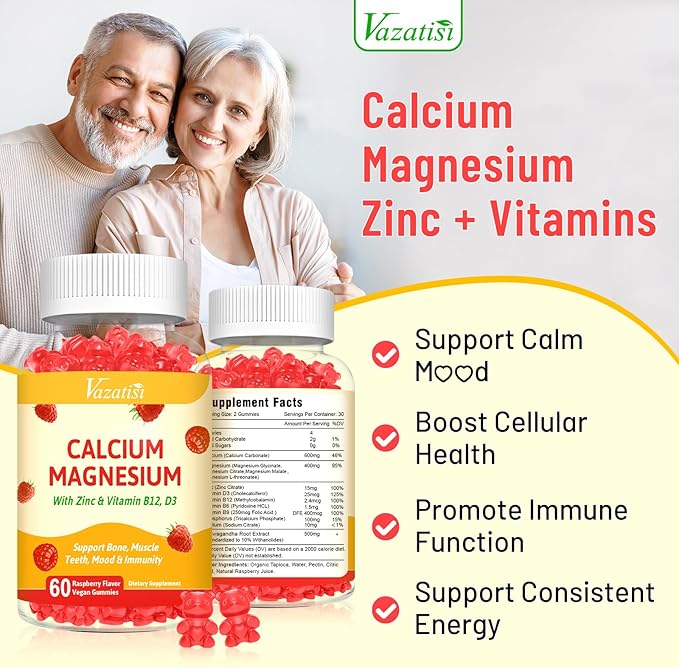 Calcium Gummies with Magnesium, Zinc, Vitamin D3 & B12, Calcium Supplements for Women Men, Support Bone, Muscle and Immunity, 60 Vegan Raspberry Flavor Gummies