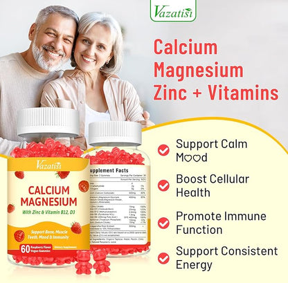Calcium Gummies with Magnesium, Zinc, Vitamin D3 & B12, Calcium Supplements for Women Men, Support Bone, Muscle and Immunity, 60 Vegan Raspberry Flavor Gummies
