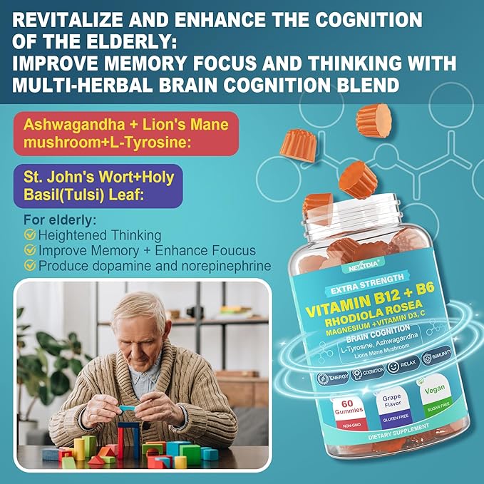 Focus Memory & Energy Gummies, L-Tyrosine + Methyl B12 1000mcg, B6 50mg, D3 C, Lion's Mane Mushroom, for 15+ Students, Office Worker, Multivitamin, Herb Blend for Seniors Brain & Cognition, Sugar Free
