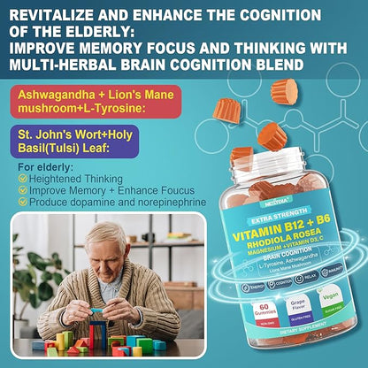 Focus Memory & Energy Gummies, L-Tyrosine + Methyl B12 1000mcg, B6 50mg, D3 C, Lion's Mane Mushroom, for 15+ Students, Office Worker, Multivitamin, Herb Blend for Seniors Brain & Cognition, Sugar Free