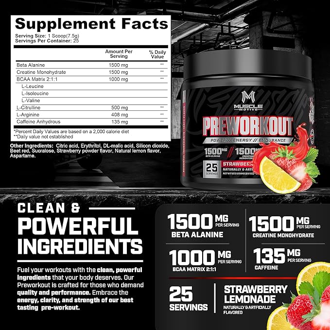 Pre Workout Powder with Beta Alanine, Creatine Monohydrate, BCAA, L Citrulline, L Arginine and Caffeine - Strawberry Lemonade Flavor - 25 Servings