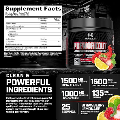 Pre Workout Powder with Beta Alanine, Creatine Monohydrate, BCAA, L Citrulline, L Arginine and Caffeine - Strawberry Lemonade Flavor - 25 Servings
