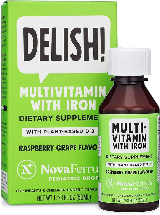 NovaFerrum Delish | Vegan Multivitamin with Iron for Infants, Toddlers & Kids | Immune Support | Organic Plant-Based D-3 | Gluten Free | Vegan Verified | Sugar Free | 1.69 Fl Oz (50 mL)