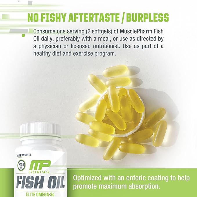 MusclePharm Essentials Fish Oil, Elite Omega 3 Supplement, Supports Joints, Muscular Performance & Recovery, Brain, Heart & Immune Health, 2000mg Omega 3 Fish Oil Per Serving, 60 Softgels, 30 Servings