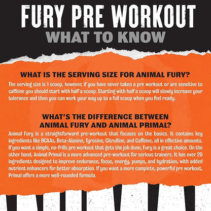 Animal Fury Pre Workout Powder - Energy and Focus Supplement with 5g BCAA, 350mg Caffeine Nitric Oxide Booster with Beta-Alanine, Preworkout for Men and Women, Blue Raspberry Flavor, 30 Servings