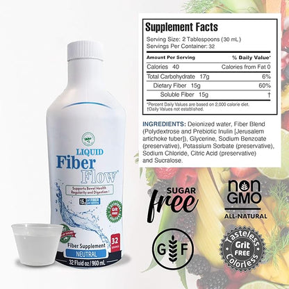 Nutritional Designs Liquid Fiber Flow Sugar-Free Prebiotic Inulin Fiber Supplement, All Natural Bowel Regularity Drink for Healthy Intestinal Balance, 100 Packets
