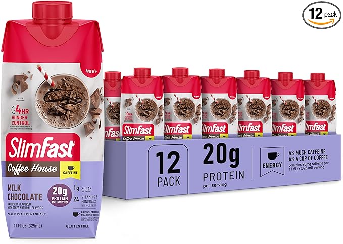SlimFast Protein Shake, NEW Milk Chocolate- 20g Protein, Meal Replacement Shake Ready to Drink, High Protein with Low Carb and Low Sugar, 24 Vitamins and Minerals, 11 Fl Oz (Pack of 12)