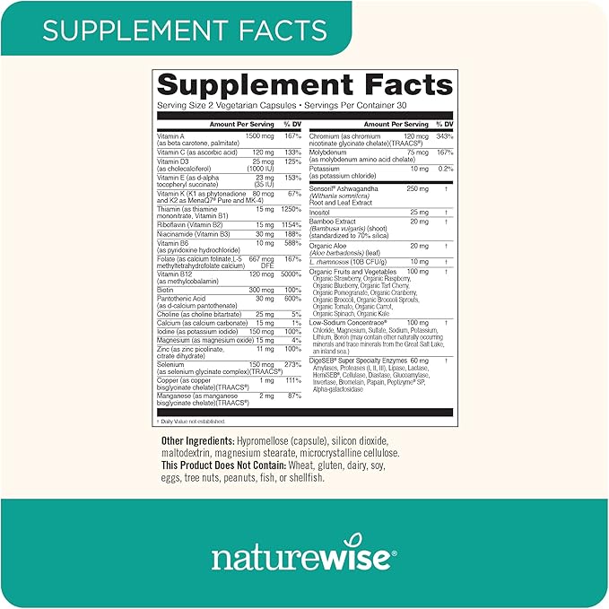 NatureWise Multivitamin for Women + Stress Support + B-Complex + Vitamin C + D3 K2 for Immunity, Hair, Skin & Nails, Digestion + Whole Organic Foods - Vegetarian, Non-GMO - 60 Capsules[1-Month Supply]