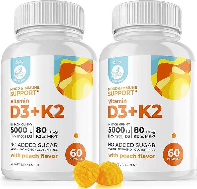 DR. MORITZ Vitamin D3 K2 Gummies 5000 IU - Sugar-Free VIT D Gummy Supplement for Immune Support & Healthy Bones * - High-Absorption, Vegan, Gluten-Free Chewable Gummies for Adults & Kids