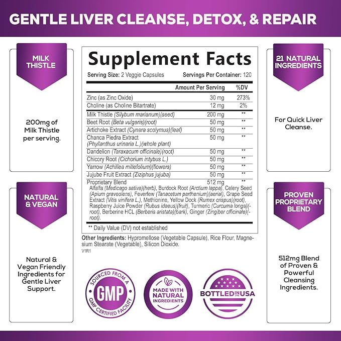Gentle Liver Cleanse Detox & Repair Formula - Herbal Liver Support Supplement: Milk Thistle with Silymarin, Artichoke Extract, Dandelion, Beet, Chicory Root, & Turmeric for Liver Health - 240 Capsules