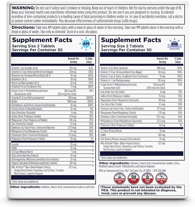 KAL Women's Multivitamin AM/PM, 2-in-1 Multivitamins for Women with Ashwagandha, Silica, Organic Spirulina, and GABA for Cellular Energy, Bone Strength, Immune Support, Vegan, 30 Servings, 120 Tablets