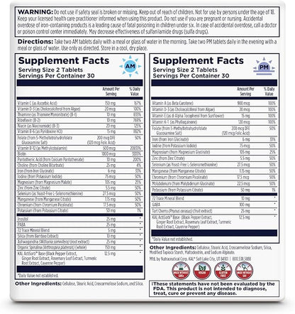 KAL Women's Multivitamin AM/PM, 2-in-1 Multivitamins for Women with Ashwagandha, Silica, Organic Spirulina, and GABA for Cellular Energy, Bone Strength, Immune Support, Vegan, 30 Servings, 120 Tablets