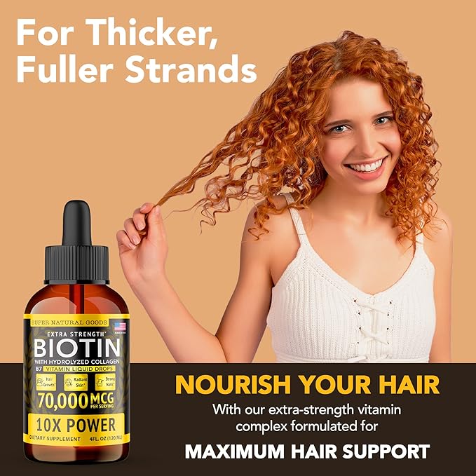 Liquid Biotin & Collagen 70,000mcg Hair Growth Vitamin Drops - Healthy & Radiant Skin, Strong Nail Support - High Potency Hair Loss Supplement For Damaged Strands, USA Made For Men & Women (4oz)