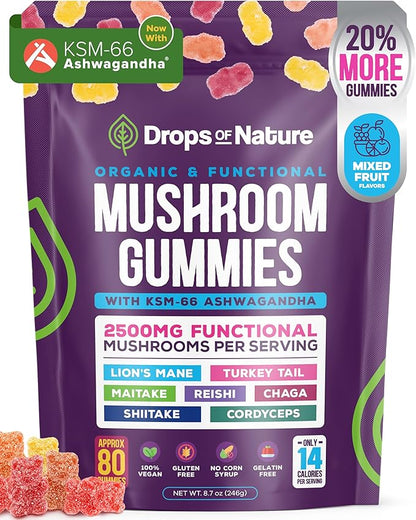 Ashwagandha and Lions Mane Mushroom Supplement Gummies - Organic - Reishi, Cordyceps, Turkey Tail, Maitake, Shitake, Chaga - Immune Defense, Boosts Cognitive Performance, Vegan, Low Carb